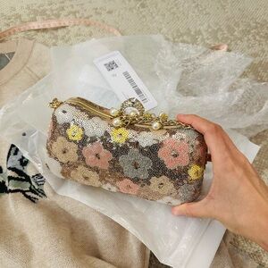 Sequin Floral Clutch with Gold Chain